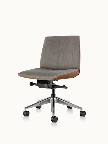 Angle view of a low-back Clamshell office chair with gray upholstery, a walnut shell, and no arms.