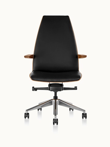 A high-back Clamshell office chair with arms and black leather upholstery, viewed from the front.