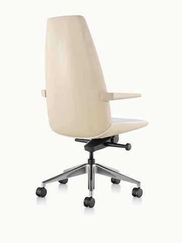Angled view of a high-back Clamshell office chair with arms and off-white leather upholstery and light-ash shell.