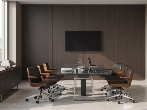 Highline Conference Table and Highline 25 Credenza by DatesWeiser in Black Granite with Clamshell Chairs in conference room.
