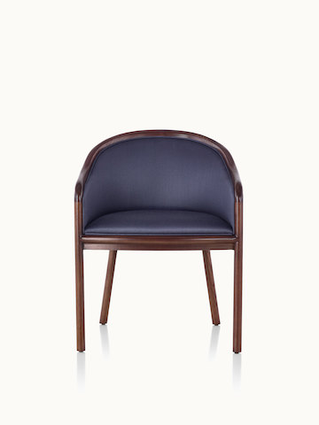 A Landmark side chair with dark blue French upholstery, a dark wood frame, and standard-height arms, viewed from the front.