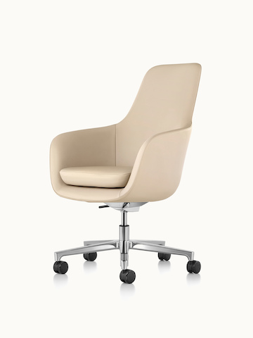 Angled view of a high-back Saiba office chair with beige leather upholstery and a five-star base.