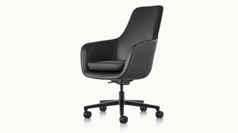 Angled view of a high-back Saiba office chair with black leather upholstery and a five-star base.