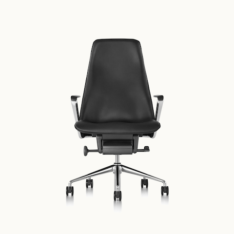 A Taper office chair with black leather upholstery, viewed from the front.
