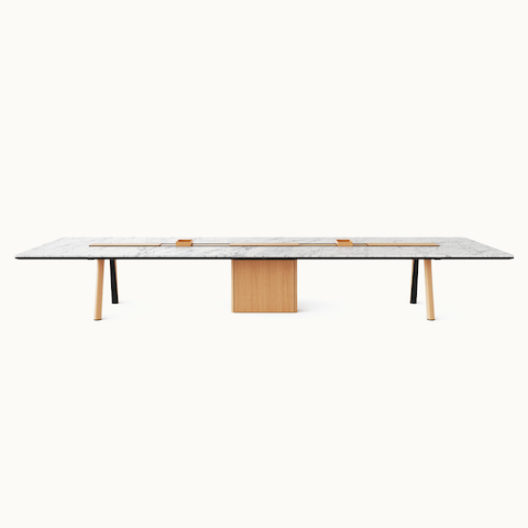 Ascent Conference Table designed by EOOS for DatesWeiser in White Carrara polished marble with natural rift cut oak base shown front-facing on a white sweep. Ascent Conference Table designed by EOOS for DatesWeiser in White Carrara polished marble with natural rift cut oak base shown front-facing on a white sweep.