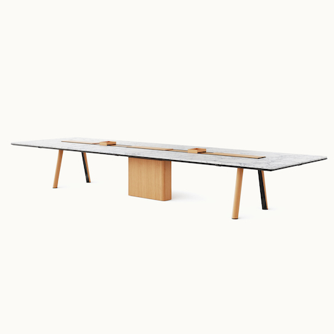 Ascent Conference Table designed by EOOS for DatesWeiser in White Carrara polished marble with natural rift cut oak base shown at an angle on a white sweep. Ascent Conference Table designed by EOOS for DatesWeiser in White Carrara polished marble with natural rift cut oak base shown at an angle on a white sweep.