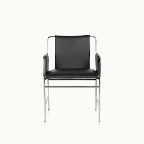 An Envelope side chair with black leather upholstery and a tubular steel frame, viewed from the front.