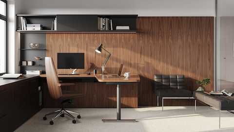 Geiger One Private Office, Rendering PO2, in Natural Walnut with Clamshell Chair and Tuxedo benching.