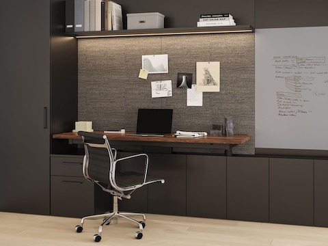 Geiger One Private Office, Rendering PO3, in Black TFL and Solid Walnut desk with Eames Aluminum Group.