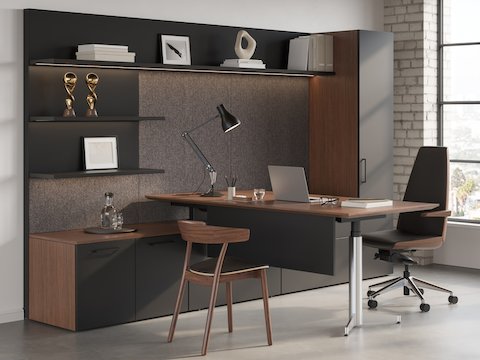 Geiger One Private Office in a loft setting in Walnut Recograin with Clamshell Office Chair and Leeway Guest Chair.