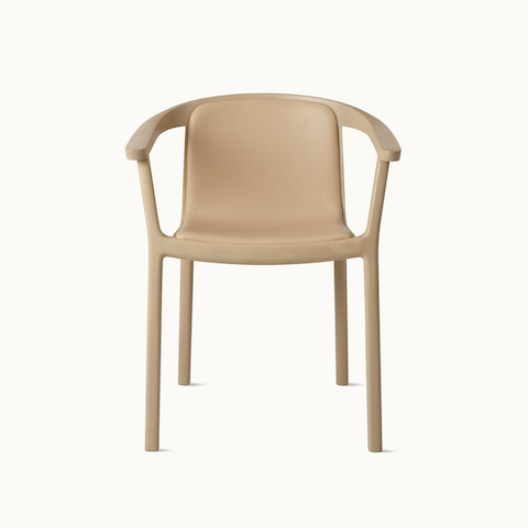 Lijn Armchair by Carole Baijings for Geiger in Light Beech frame upholstered with Maharam Prone Leather in Balsa, front view on a white sweep. Lijn Armchair by Carole Baijings for Geiger in Light Beech frame upholstered with Maharam Prone Leather in Balsa, front view on a white sweep.