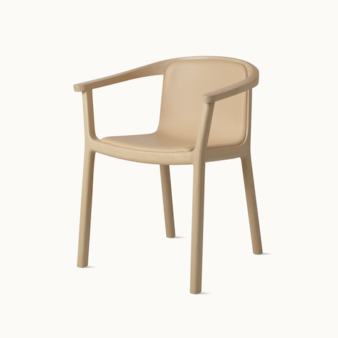 Lijn Armchair by Carole Baijings for Geiger in Light Beech frame upholstered with Maharam Prone Leather in Balsa, angled front view on a white sweep. Lijn Armchair by Carole Baijings for Geiger in Light Beech frame upholstered with Maharam Prone Leather in Balsa, angled front view on a white sweep.