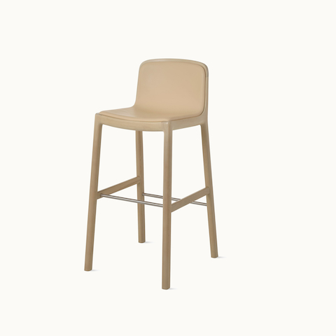 Lijn Stool by Carole Baijings for Geiger in Light Beech frame upholstered with Maharam Prone Leather in Balsa, angled front view on a white sweep. Lijn Stool by Carole Baijings for Geiger in Light Beech frame upholstered with Maharam Prone Leather in Balsa, angled front view on a white sweep.