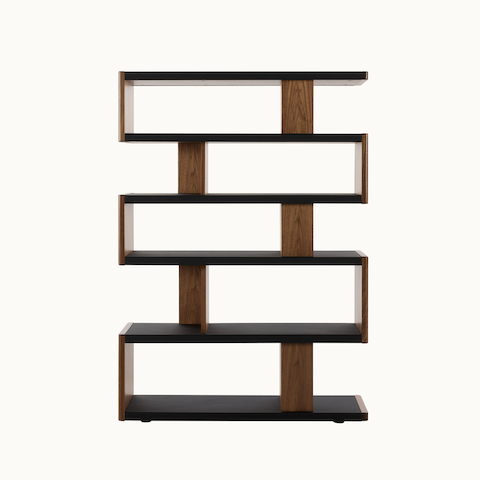 New Canaan High Bookshelf designed by BassamFellows for Geiger in Walnut with Black Leather shown in front view on a white sweep. New Canaan High Bookshelf designed by BassamFellows for Geiger in Walnut with Black Leather shown in front view on a white sweep.