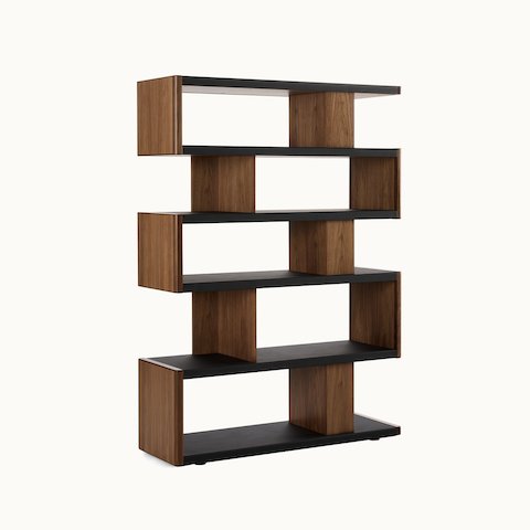 New Canaan High Bookshelf designed by BassamFellows for Geiger in Walnut with Black Leather shown angled on a white sweep. New Canaan High Bookshelf designed by BassamFellows for Geiger in Walnut with Black Leather shown angled on a white sweep.
