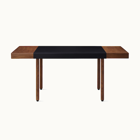 New Canaan Leatherwrap Sit-to-Stand Desk in walnut and black leather, front view. New Canaan Leatherwrap Sit-to-Stand Desk in walnut and black leather, front view.