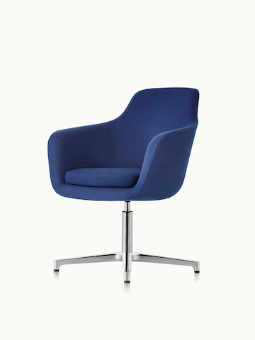 Angled view of a mid-back Saiba conference chair with dark blue upholstery and a four-star base.