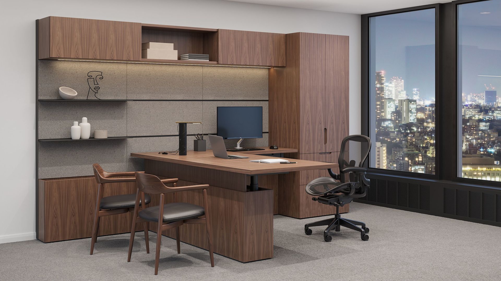 Geiger One Private Office in Natural Walnut with Aeron Task Chair and Crosshatch Side Chairs.