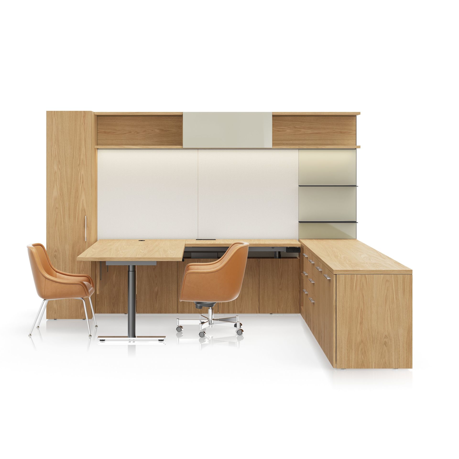 A Geiger One Private Office in Natural Flat Cut Oak with a Bumper Office and Side Chair in camel leather viewed from the front.